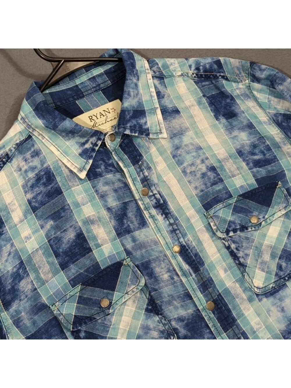 Ryan Michaels Shirt Men's L Blue Cotton Linen Blend Snap Button Long Sleeve